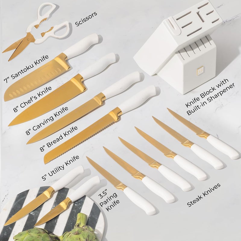 styled settings White and Gold Knife Set with Block - 14-Piece White Knife Set with Block and Built-In Sharpener – Titanium-Coated High Carbon Stainless Steel Blades - Gold Kitchen Accessories - Great for Gifting - Image 4
